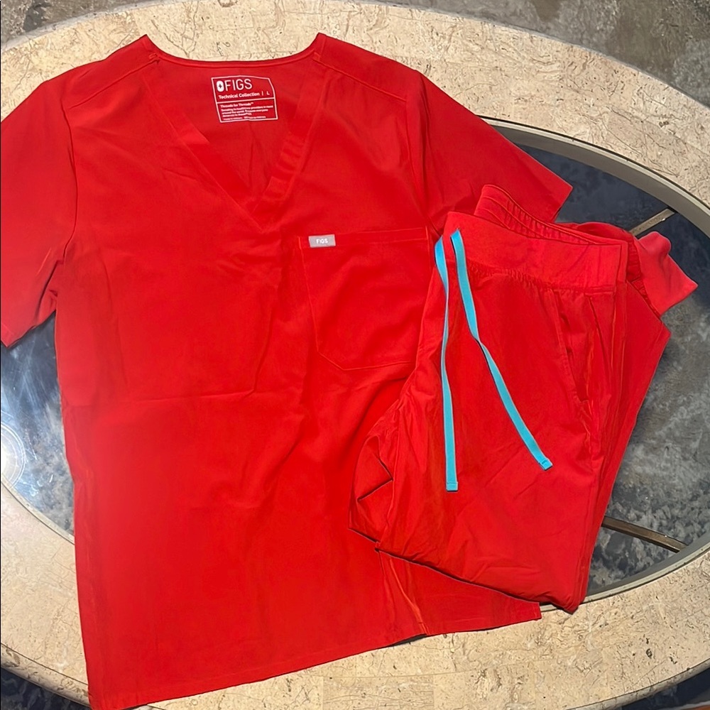 Figs Vivid Red Scrub Set with Blue Accents